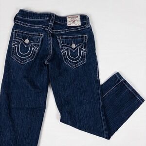 True Religion Ricky Relaxed Straight Women 25 Blue Big T Silver Stitching Jeans